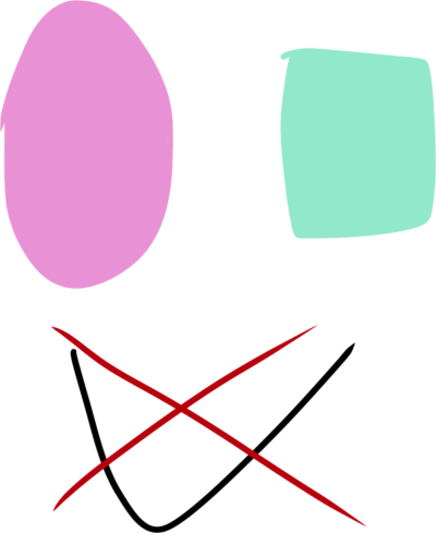 a pastel oval and a mint green square with a V pointing to both of them. The V is crossed out. 